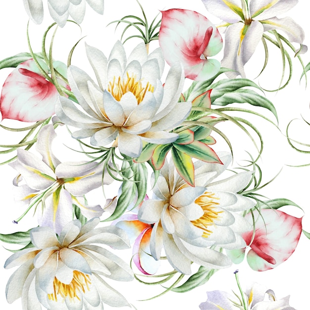 Seamless pattern with flowers Watercolor illustration Hand drawn