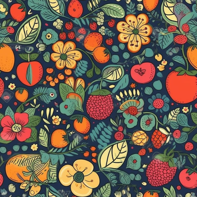 Seamless pattern with fruits and berries on a dark background.