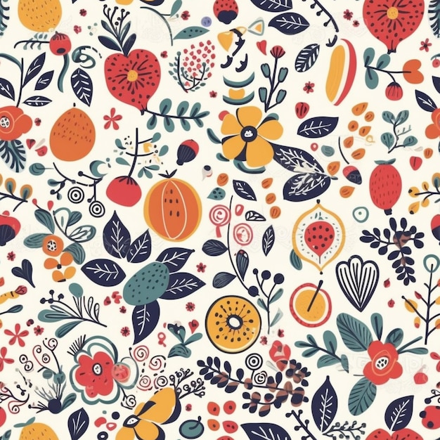 A seamless pattern with fruits and flowers.