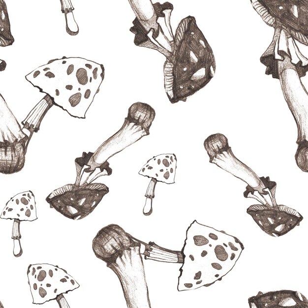 Photo seamless pattern with funny fly agaric sketches