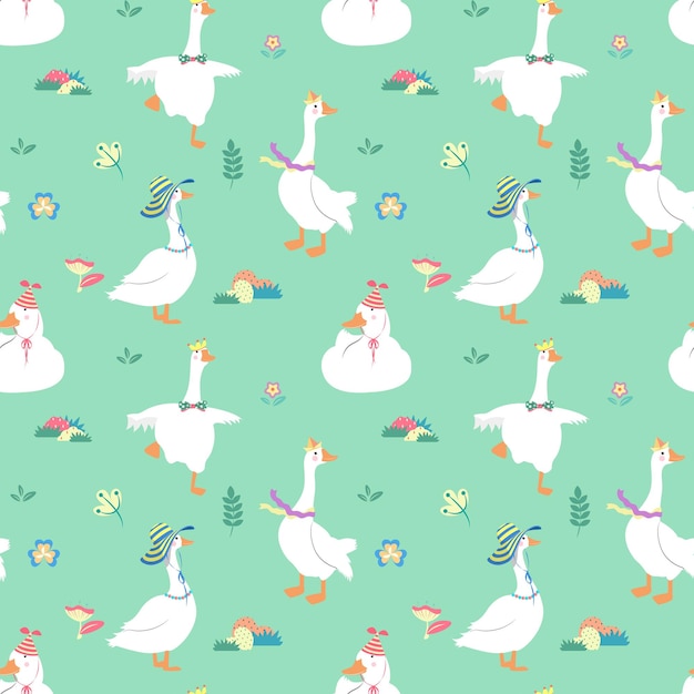 Photo seamless pattern with funny geese in cartoon style_green background_goose vector illustration