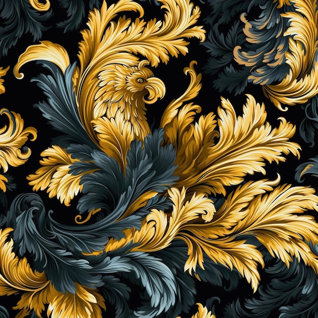 A seamless pattern with gold and blue leaves and flowers.