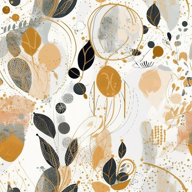 A seamless pattern with gold and silver leaves and flowers.