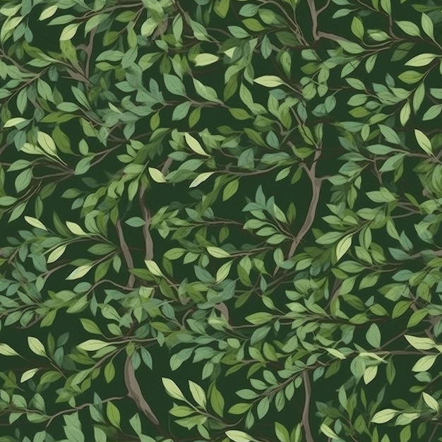 A seamless pattern with green leaves and branches.