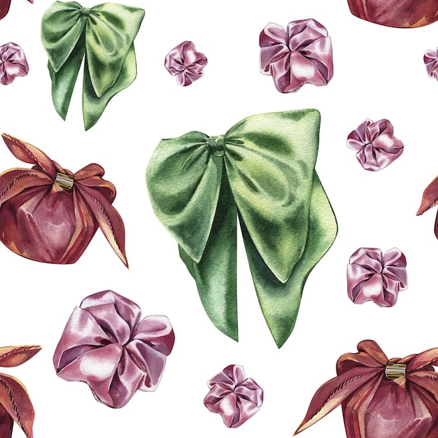 Seamless pattern with green silk bow knot textile gift box hair accessory on white Watercolor hand drawn illustration