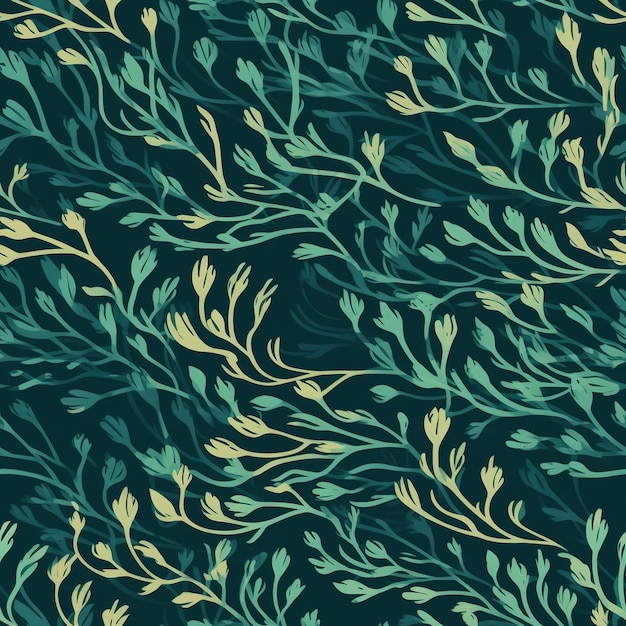 Seamless pattern with green and yellow plants on a dark background.