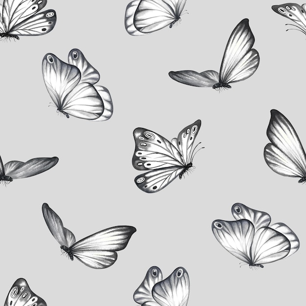 Photo seamless pattern with grey butterflies on a grey background a hand drawn watercolor illustration