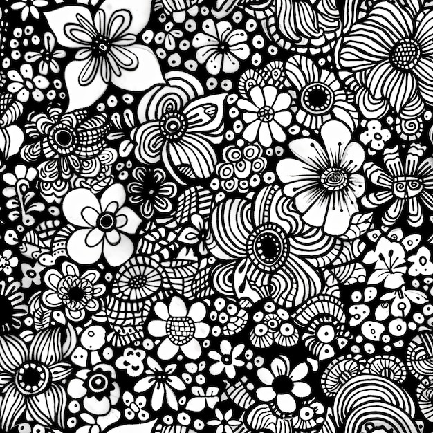 Seamless pattern with hand drawn doodle flowers Black and white background Vector illustration