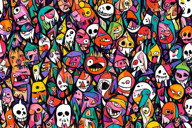 Seamless pattern with hand drawn doodle monsters