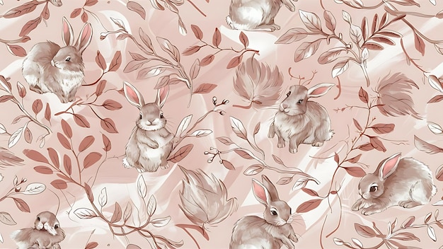 Seamless Pattern with Hand Drawn Rabbit and Leaf Design on Light Pink Background wallpaper