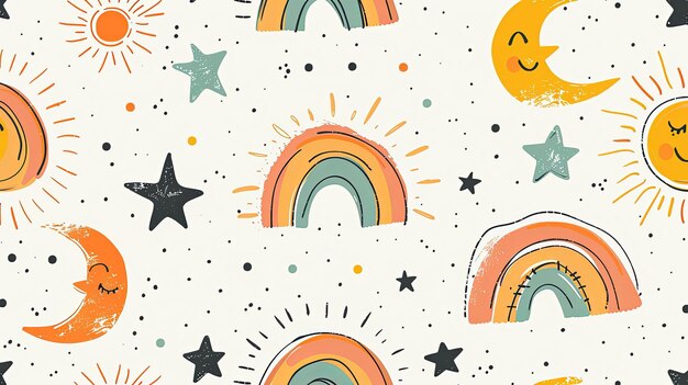 Photo seamless pattern with handdrawn sun moon and rainbow