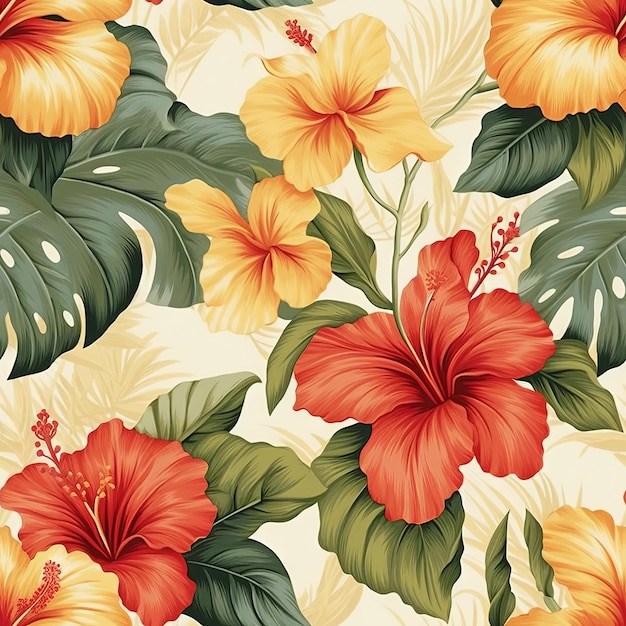 Seamless pattern with hibiscus flowers on a beige background.