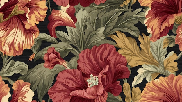 Seamless pattern with hibiscus flowers on black background