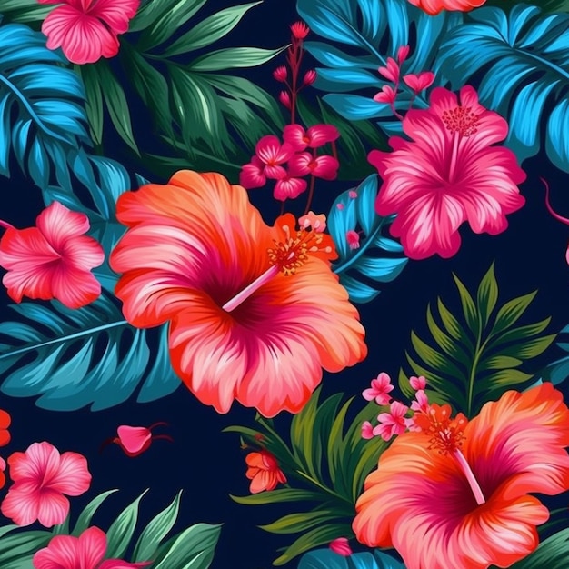 Seamless pattern with hibiscus flowers on a dark blue background.