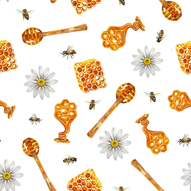 Seamless pattern with honey and chamomile. Watercolor illustration.