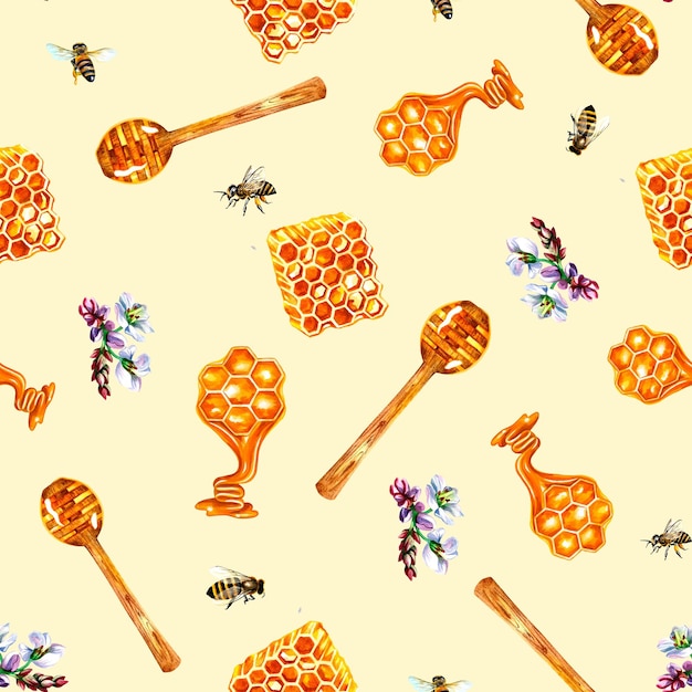 Seamless pattern with honey honeycombs buckwheat flowers and bees. Watercolor illustration.