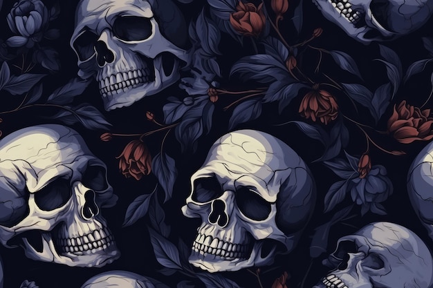 Seamless pattern with human skulls and flowers Vector illustration