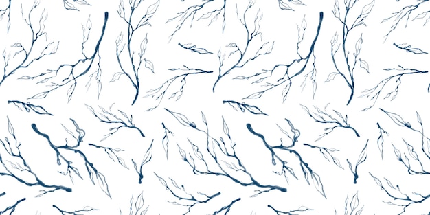 seamless pattern with illustrations of blue leaves branches isolated on white background