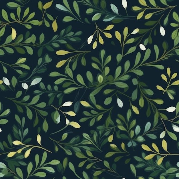 A seamless pattern with leaves and flowers on a dark background.