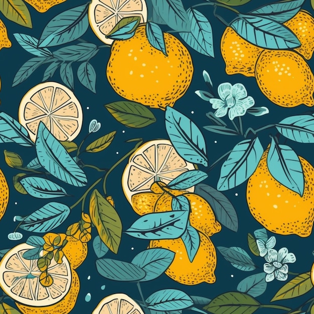 Seamless pattern with lemons and leaves on a blue background.