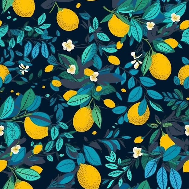 Seamless pattern with lemons and leaves on a dark background.