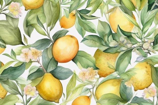 A seamless pattern with lemons and leaves.