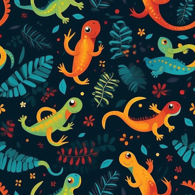 A seamless pattern with lizards and leaves.