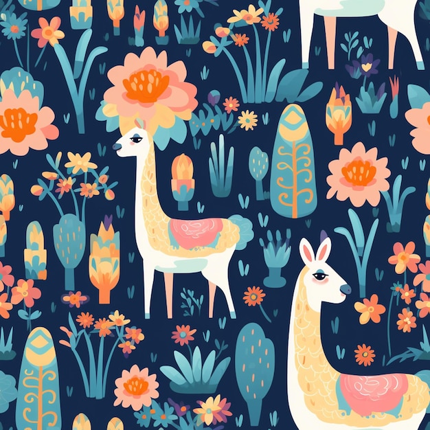 seamless pattern with llamas and cactuses on a dark blue background generative ai