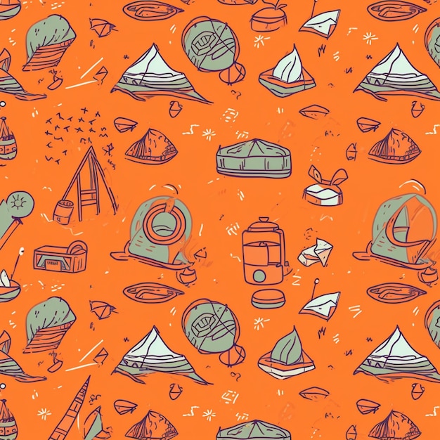 A seamless pattern with a lot of different items including a tent, a boat, a boat, a boat, a boat, a boat, a boat, and a boat.