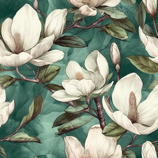 A seamless pattern with magnolia flowers on a blue background.