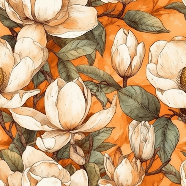 Seamless pattern with magnolia flowers on an orange background.