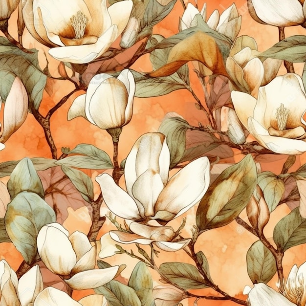 Seamless pattern with a magnolia flowers on a orange background.