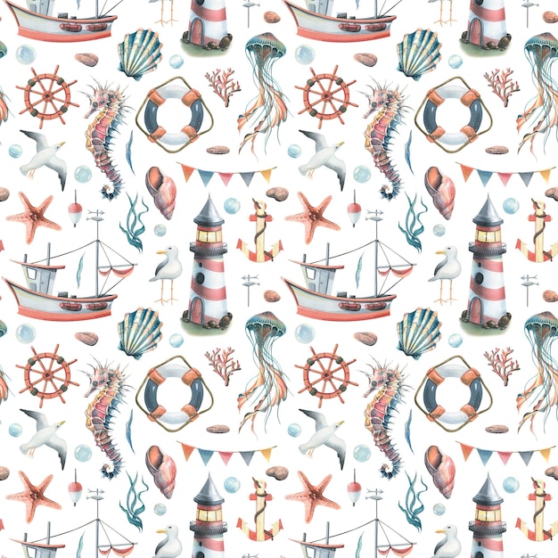 Seamless pattern with marine underwater inhabitants a lighthouse and a boat Watercolor illustration on a white background from the SYMPHONY OF THE SEA collection