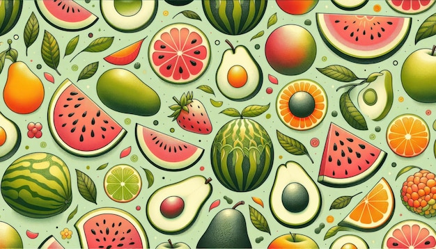 A seamless pattern with a mix of different fruits including watermelon avocado grapefruit orange