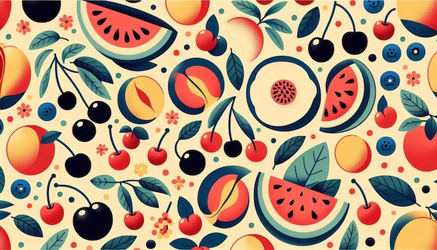 A seamless pattern with a mix of different fruits including watermelon peach cherry plum blueberry a