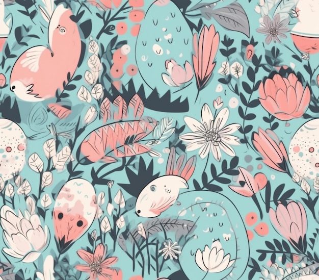 Seamless pattern with a mouse and flowers.