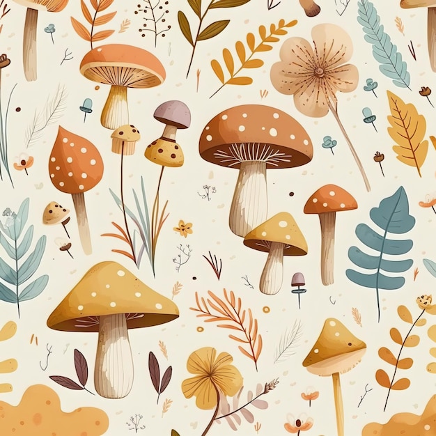 A seamless pattern with mushrooms and flowers.