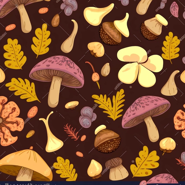 Seamless pattern with mushrooms and leaves on a dark background generative ai