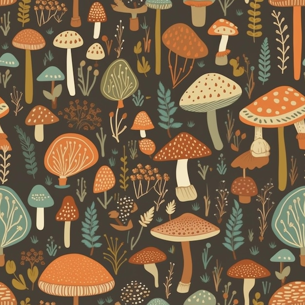 A seamless pattern with mushrooms and leaves.