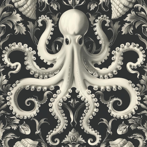 Photo seamless pattern with octopus black and white illustration