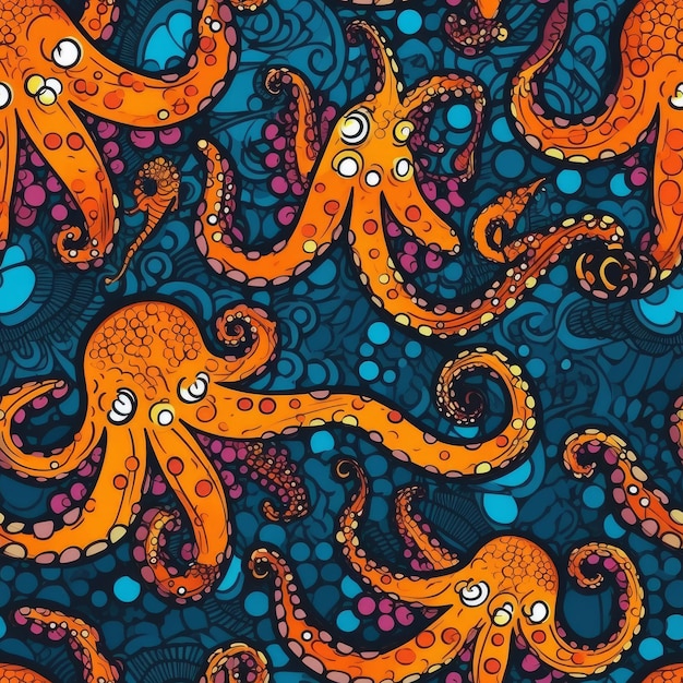 Seamless pattern with octopus and a blue background.