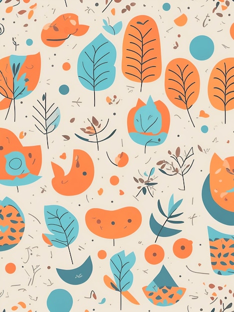 A seamless pattern with orange and blue animals and leaves.