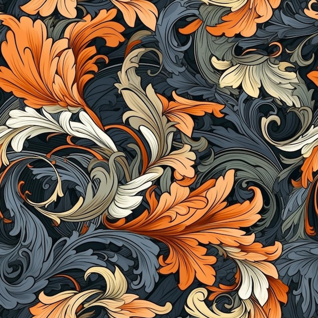 Seamless pattern with orange and blue flowers on a dark background.