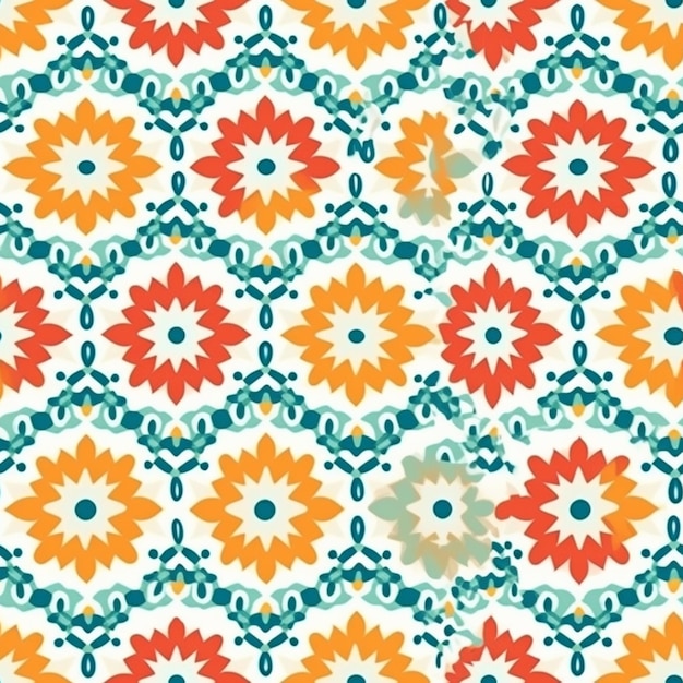 A seamless pattern with orange and green flowers.