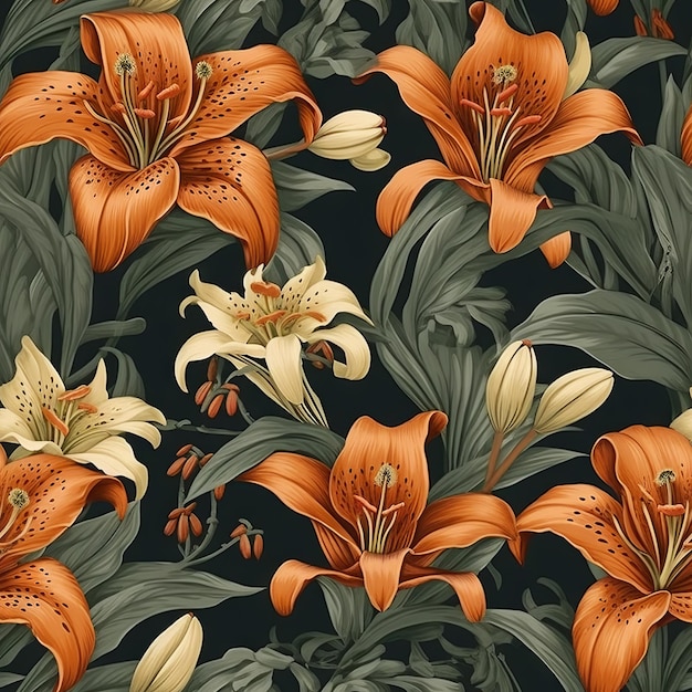 A seamless pattern with orange and white flowers and green leaves on a dark background.