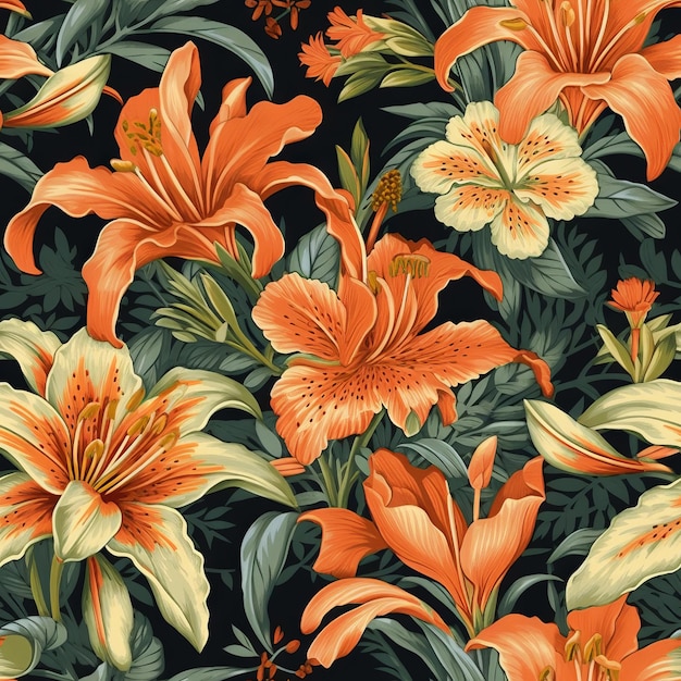 A seamless pattern with orange and yellow lilies on a black background.