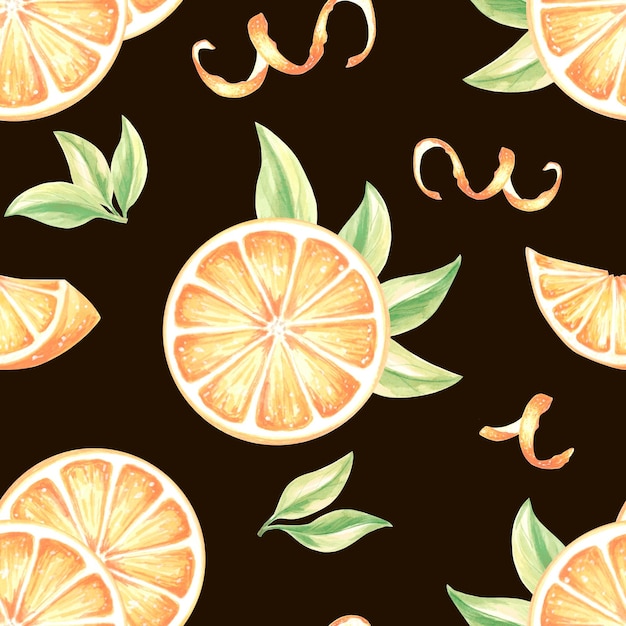 Seamless pattern with oranges round slices leaves and peel Watercolor hand drawn illustration citrus