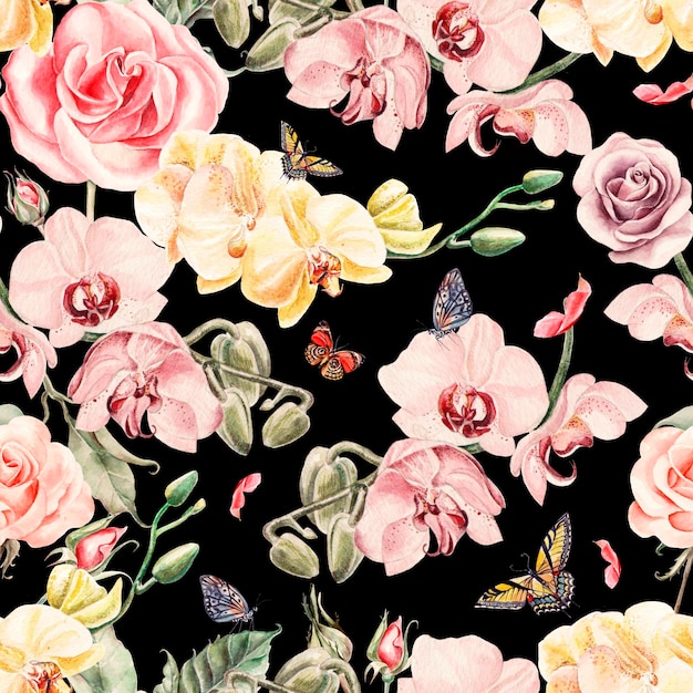 Seamless pattern with orchid flowers roses and leaves