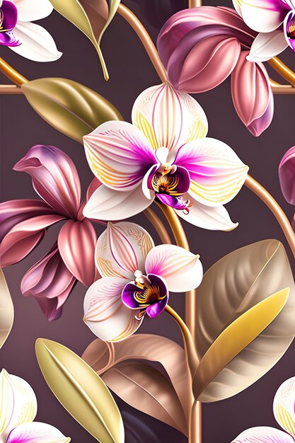 Seamless pattern with orchidea and foliage