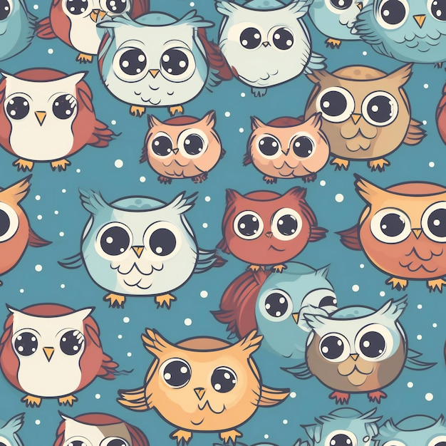 Seamless pattern with owls on a blue background.